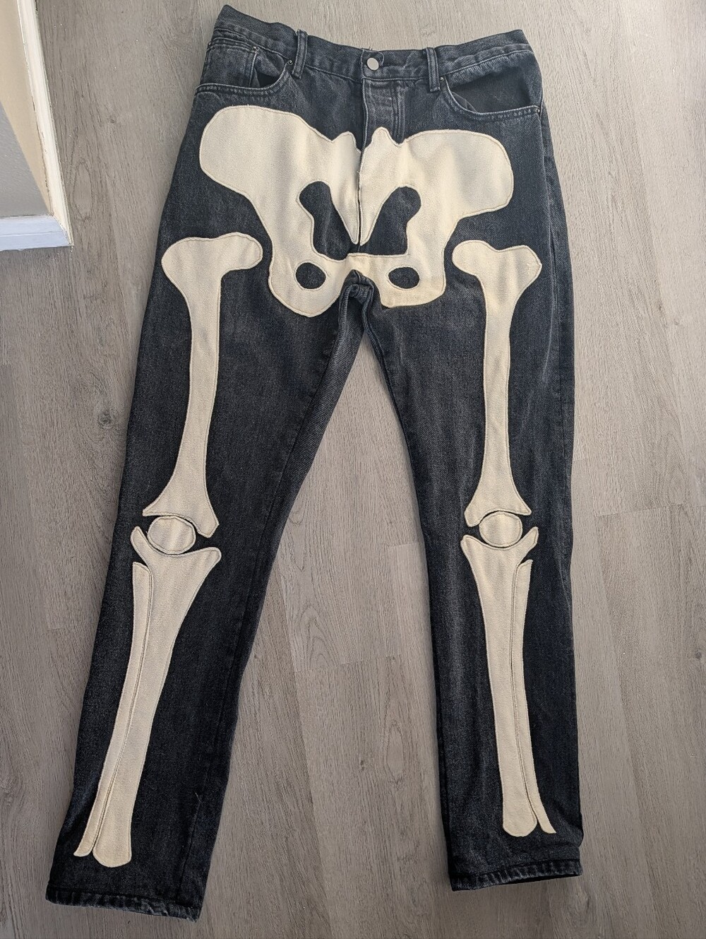 MNML Skeleton Bone Print Black Jeans Grunge Alt Fashion Streetwear Sz 38 X 34